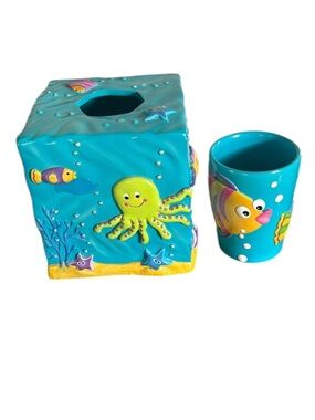 Ceramic Sea Creature Underwater Ocean Tissue Box Cover & Cup